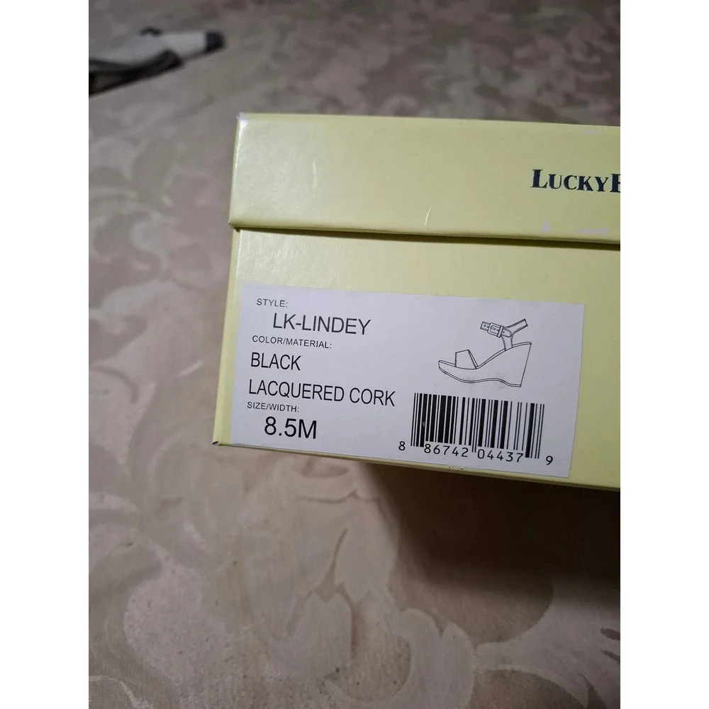 Lucky Brand Lindey Black Lacquered Cork Wedge Sandals LK-LINDEY Size 8.5M
